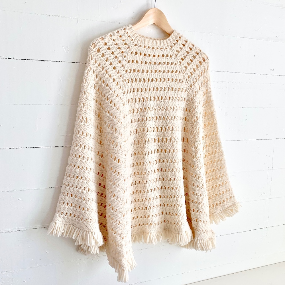 Vintage Poncho crocheted cream off-white color Knit Sweater Fringe Boho Cape